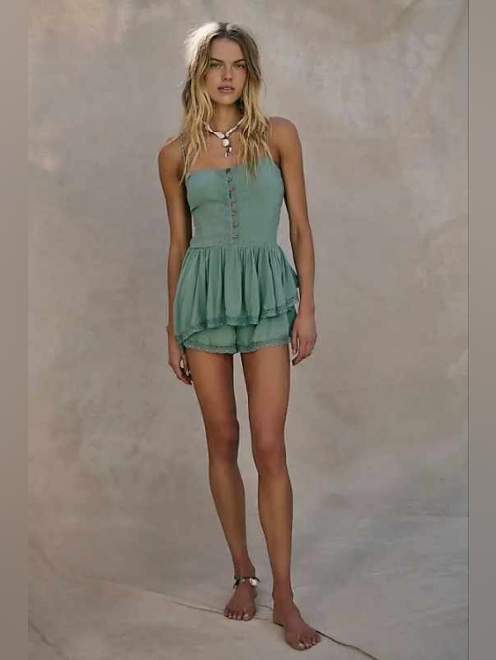 Free People Sage Green Textured Spaghetti-Strap Marley Romper Frilly Skirt